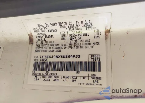 1995 Ford F150 из США, поврежденный, VIN 1FTEX14NXSKB04953